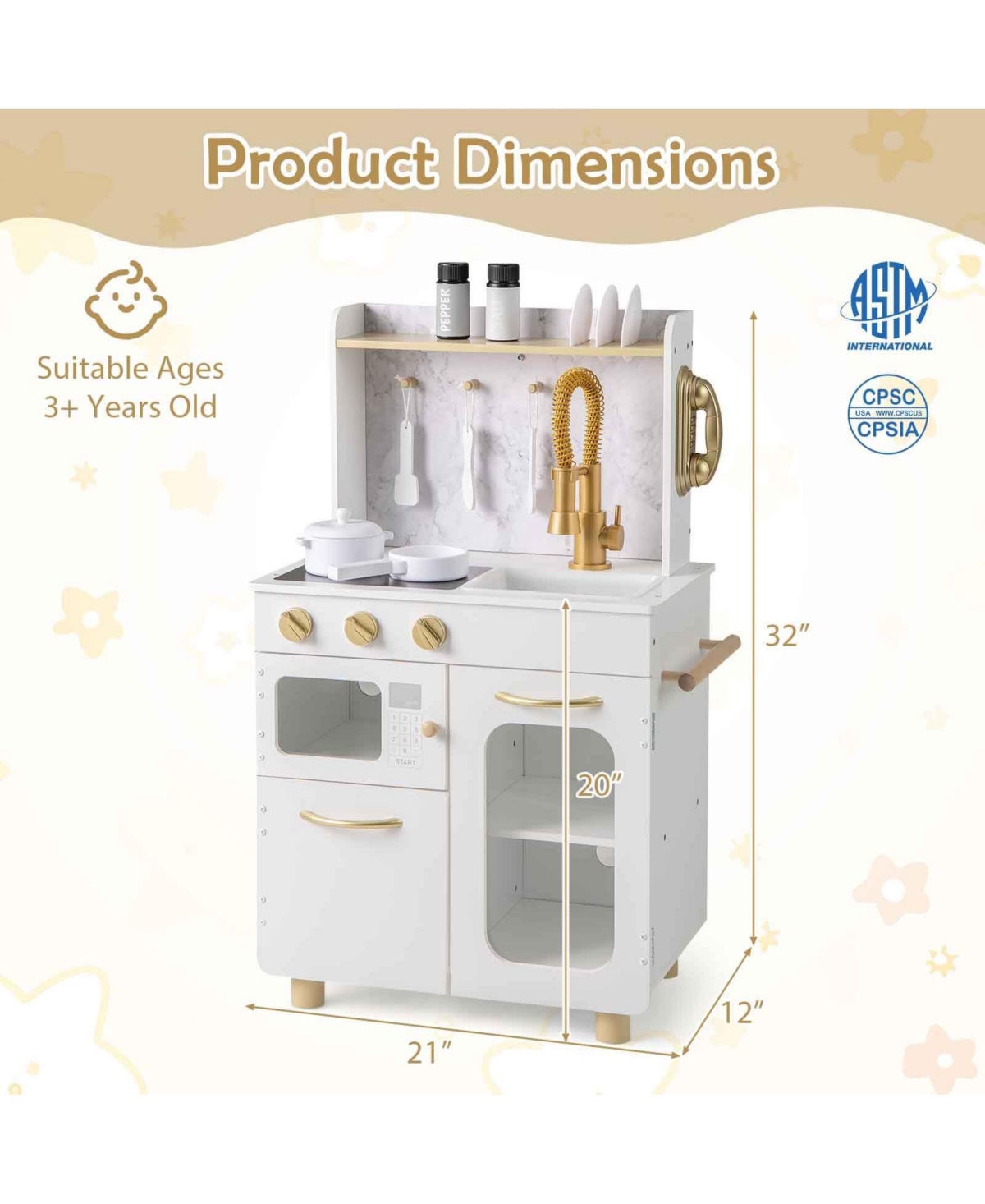Mecale Kids Kitchen Set Pretend Play Kitchen with Stoves Faucet Sink Telephone Microwave and Oven-White