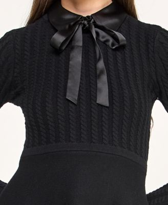 Juniors Removable Satin Bow Collar Cable Fit & Flare Sweater Dress