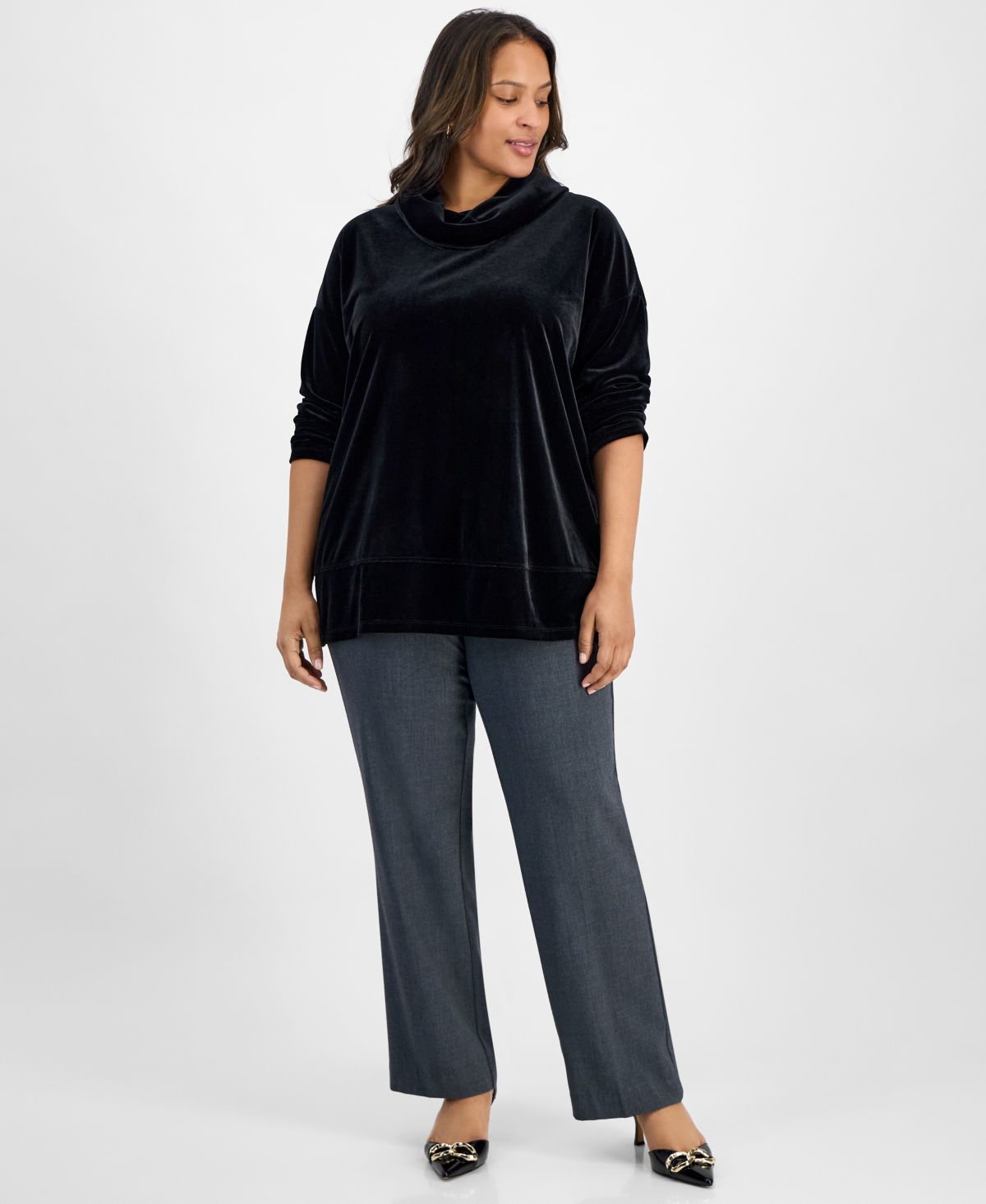 Jones New York Plus Size Velour Cowl-neck Top In Black