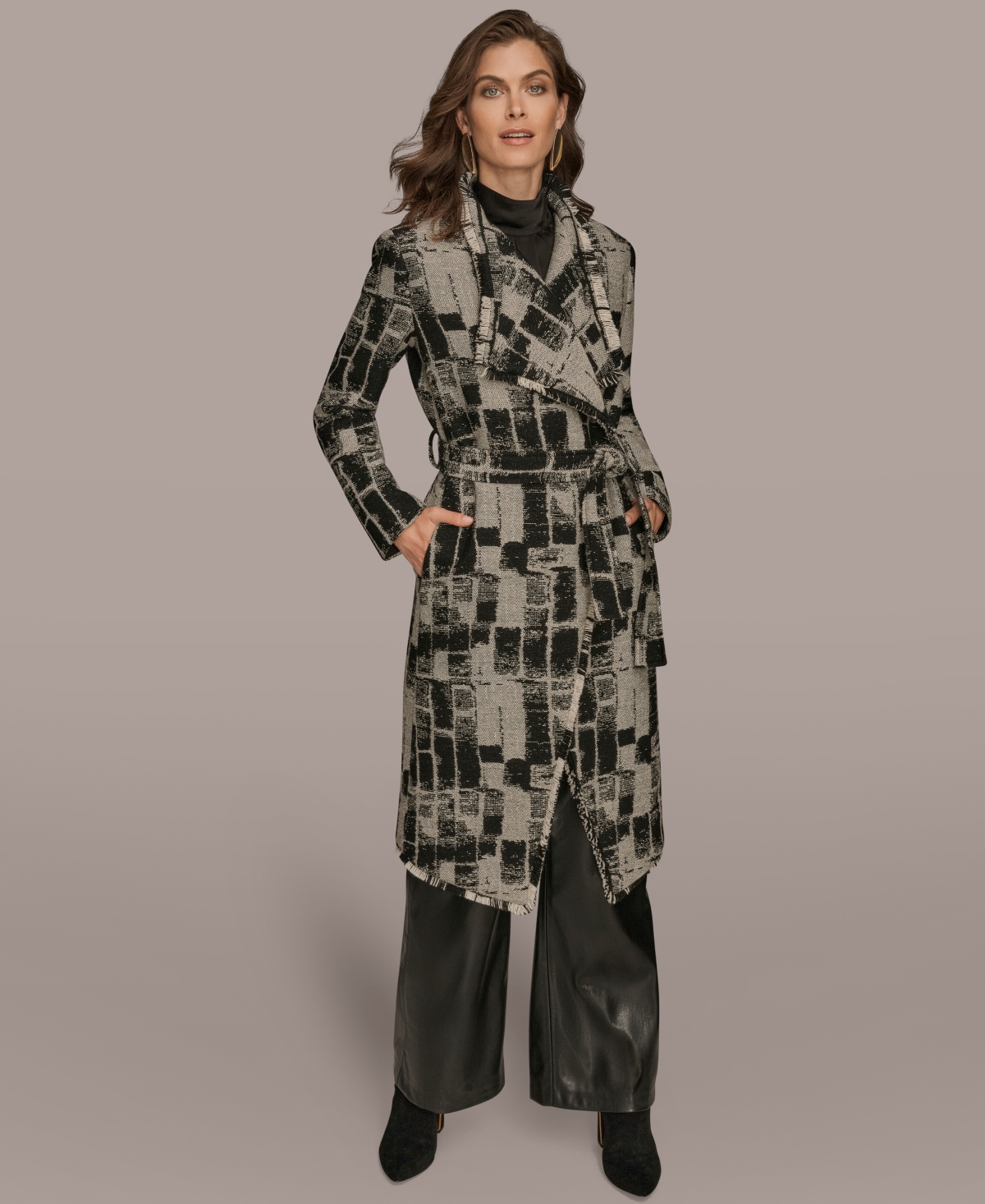 Donna Karan Women's Self Belt Long Sleeves Coat In Multi