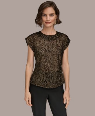 Donna Karan New York - Women's Cap Sleeve Metallic Burnout Crewneck Top