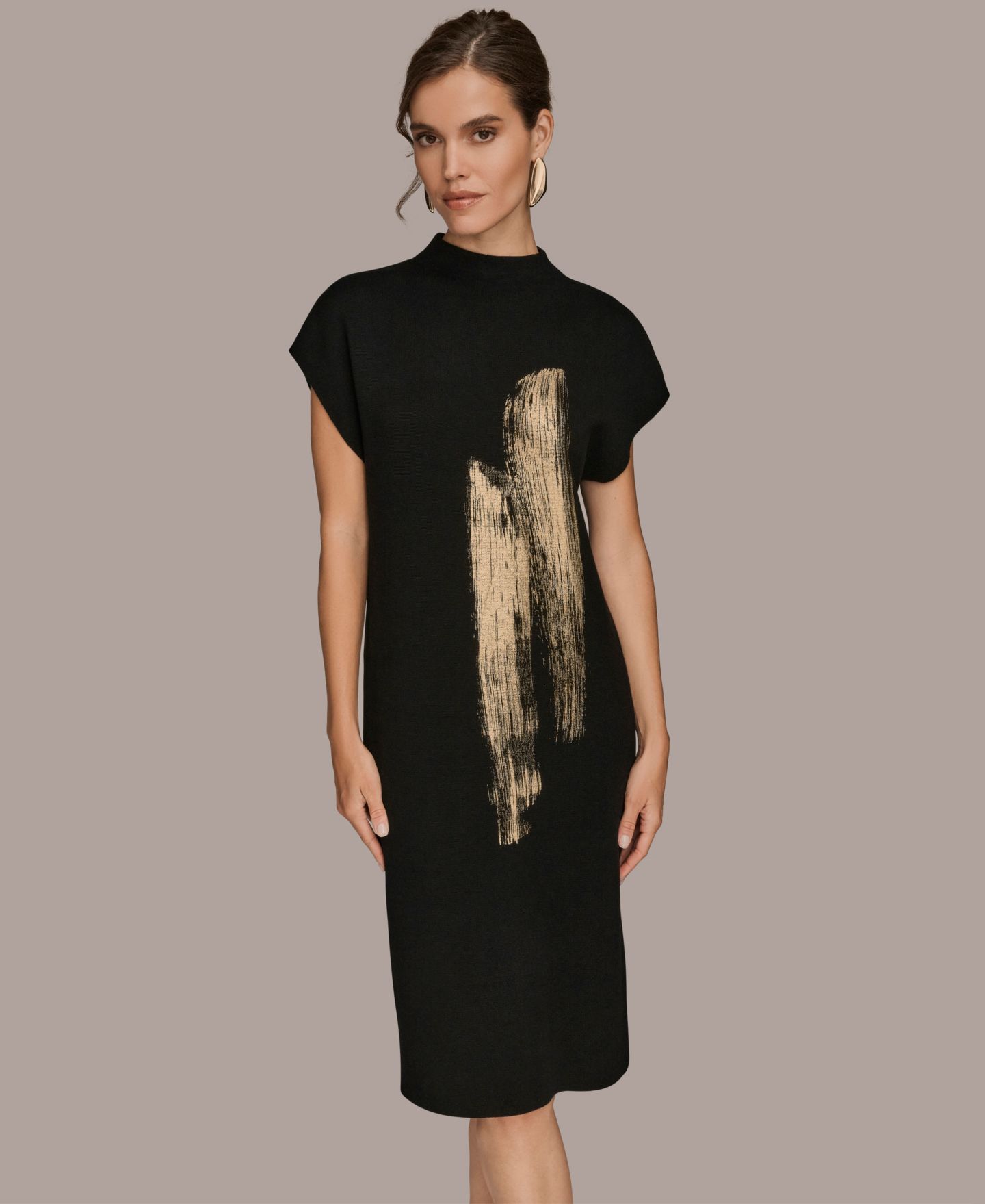 Женское платье Donna Karan New York Gold-Tone Velvet Burnout Sweater Dress, цвет: Чёрный золотой разноцветный — фото 1