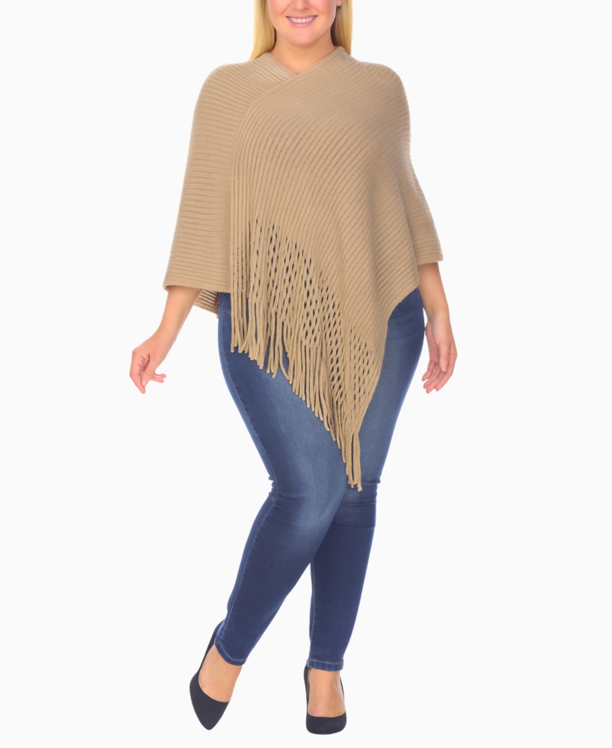 White Mark Plus Size Fringe Knit Pull Over Poncho In Brown