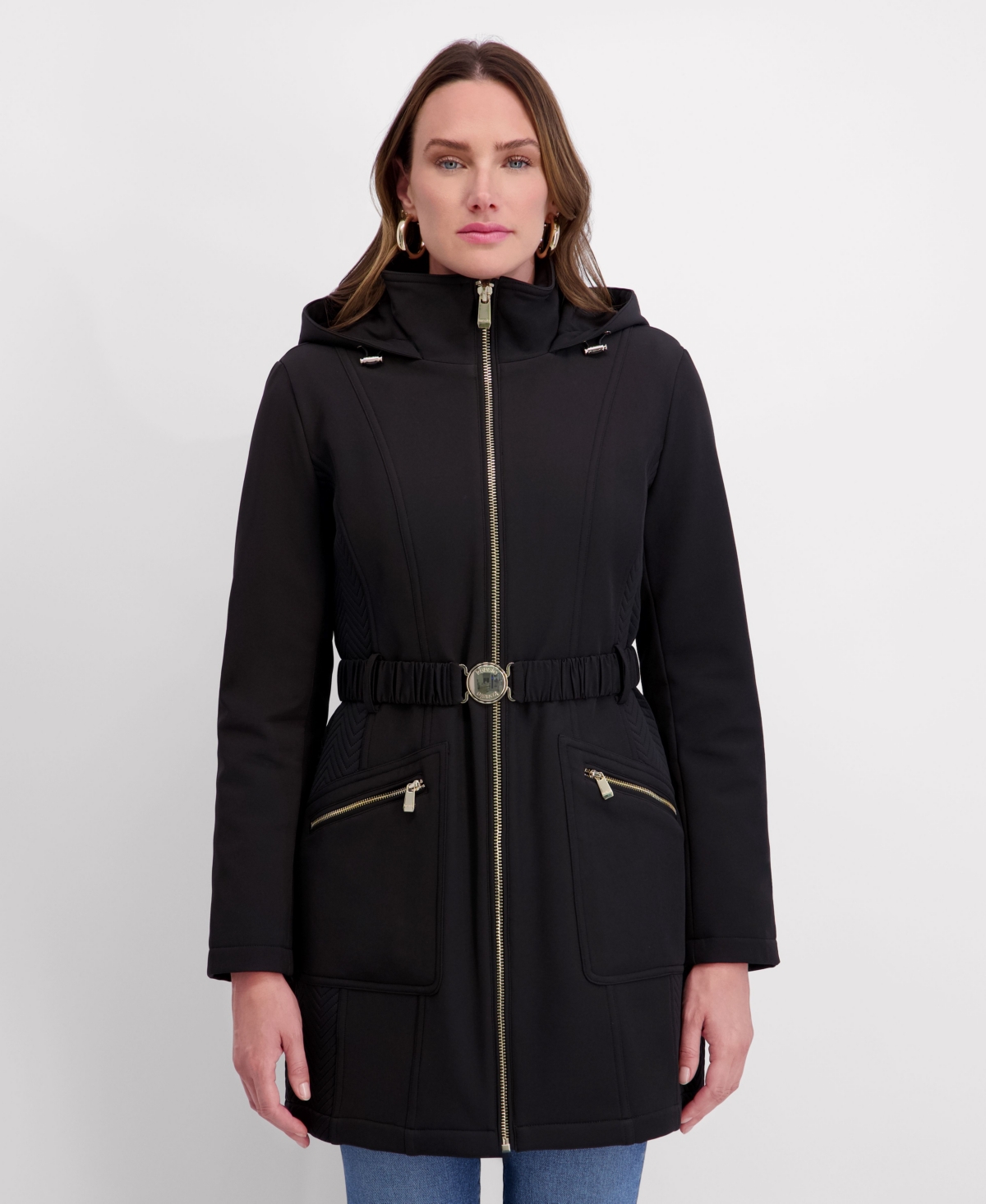 Kensie Women's Hooded, Metal Buckle Belted Softshell with Embossed Panels