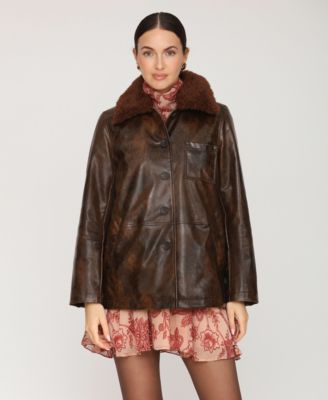 Women's Leather Contrast Collar Coat