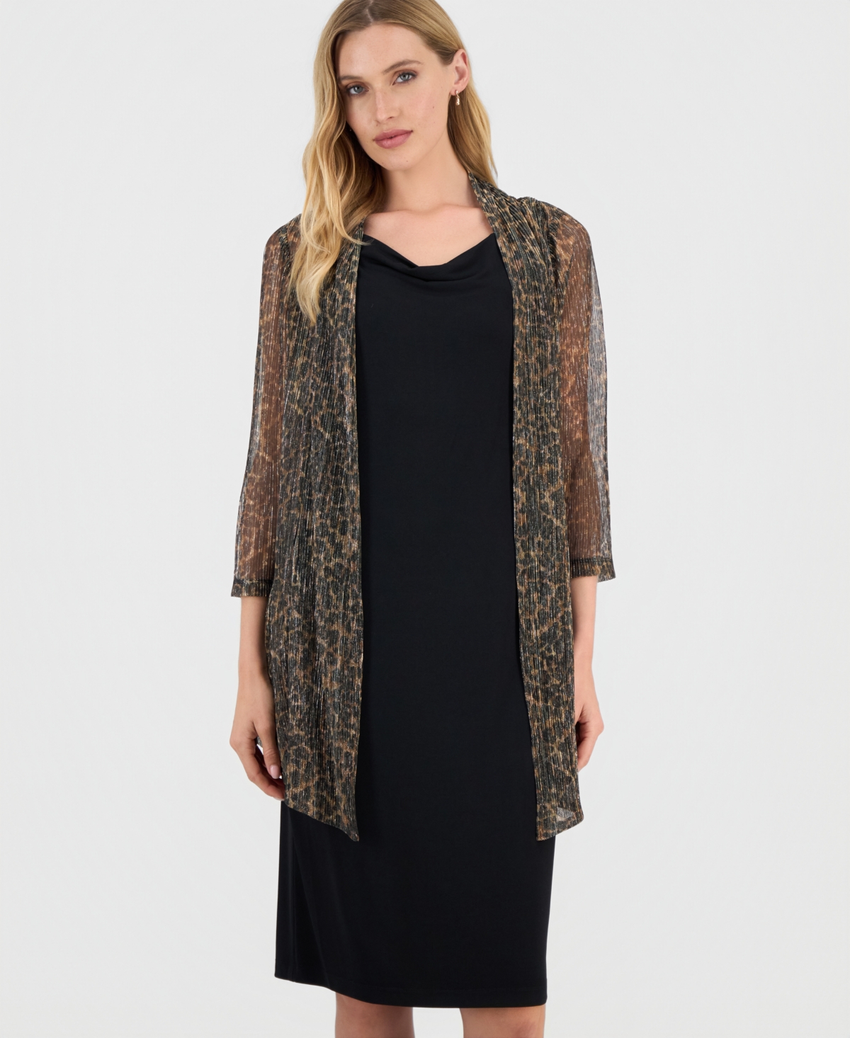 Connected Women's Metallic Jacket & Cowl-neck Dress Set In Black