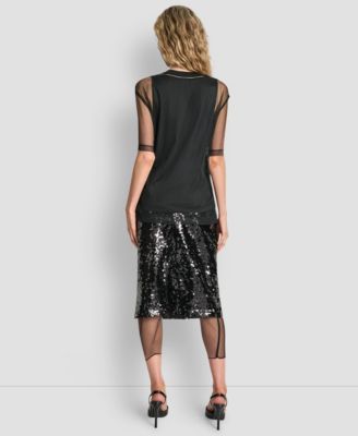 Women's Sequined Layered Short Sleeves Mesh Top