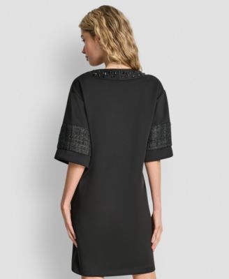 Women's Mix Media Short Sleeves Shift Dress