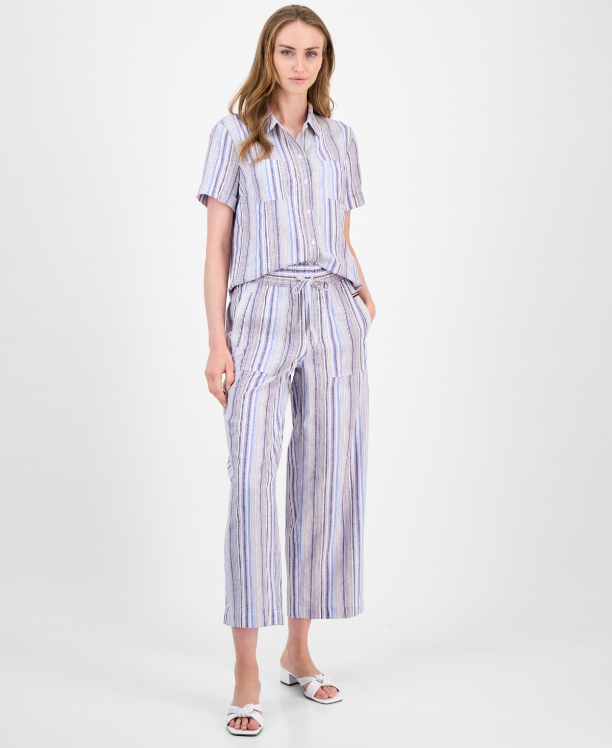 Tommy Hilfiger Women's Striped Short-sleeve Camp Shirt In Blue