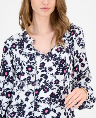 Women's Floral Tie-Neck Long-Sleeve Top