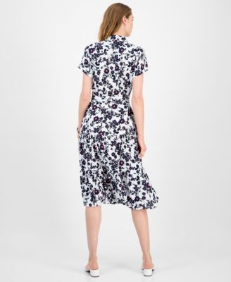 Women's Floral Belted Tiered Shirtdress