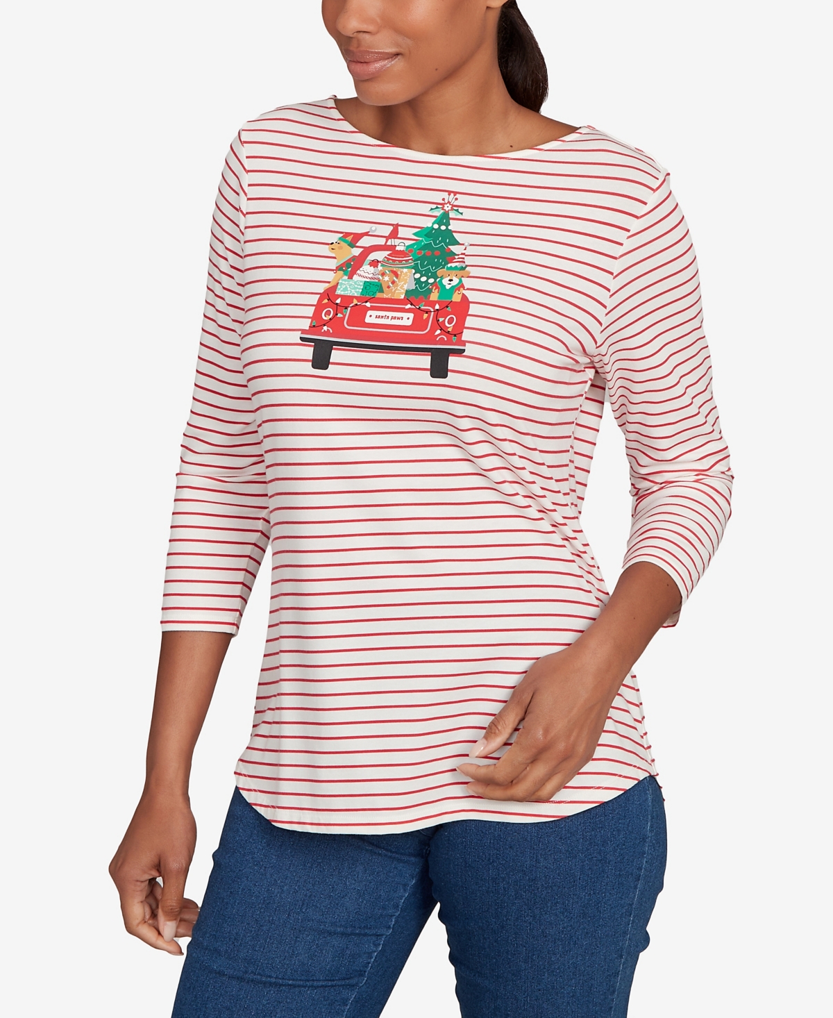 Ruby Rd. Petite Christmas Truck Striped Knit Top In Multi
