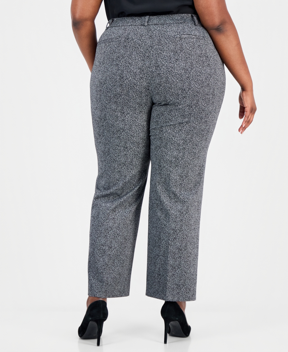 Kasper Plus Herringbone High-Rise Wide-Leg Pants