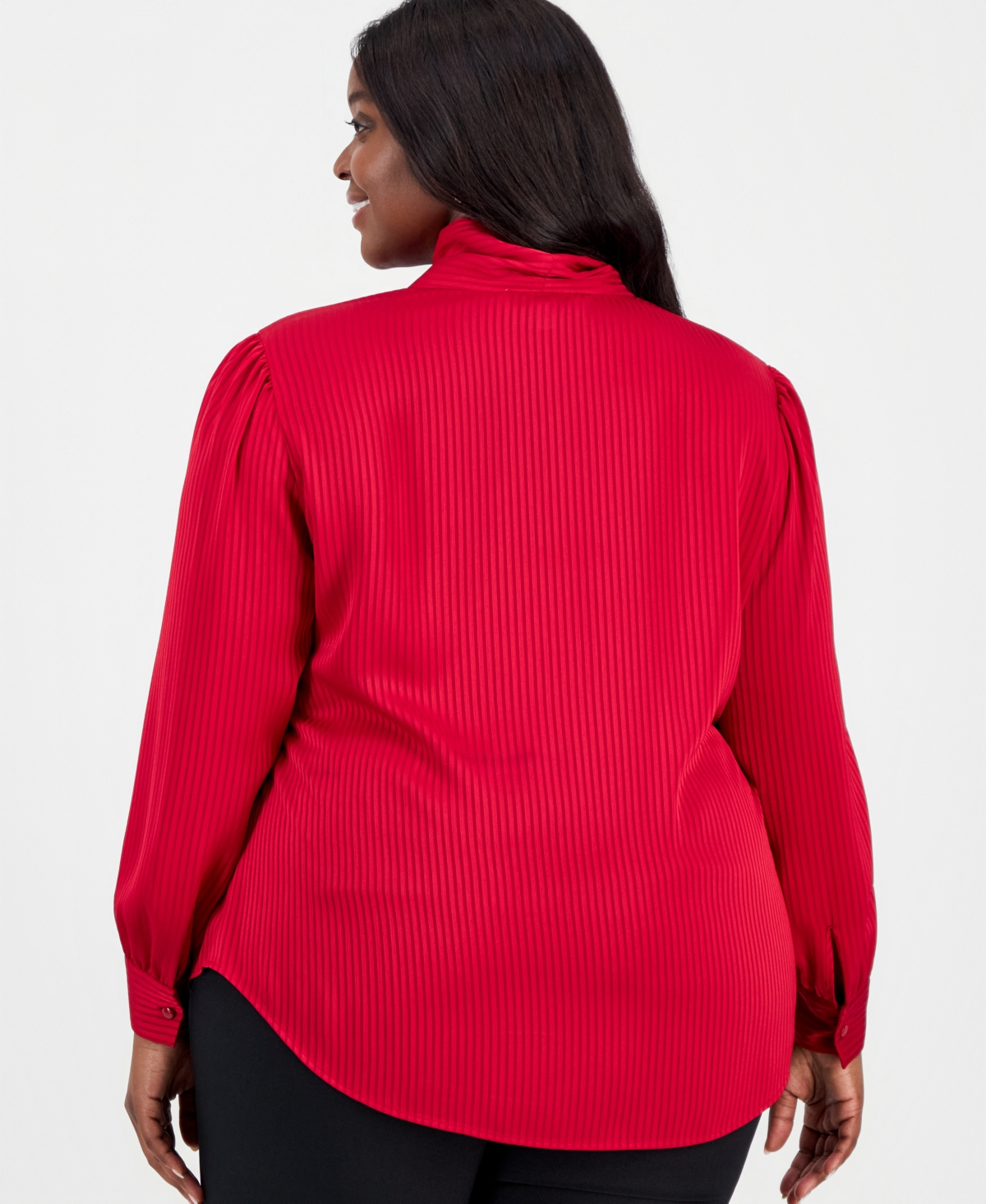 Kasper Plus Satin Stripe Tie-Neck Long-Sleeve Top