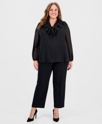 Plus Size Gold Foil Dot Print Tie-Neck Blouse 