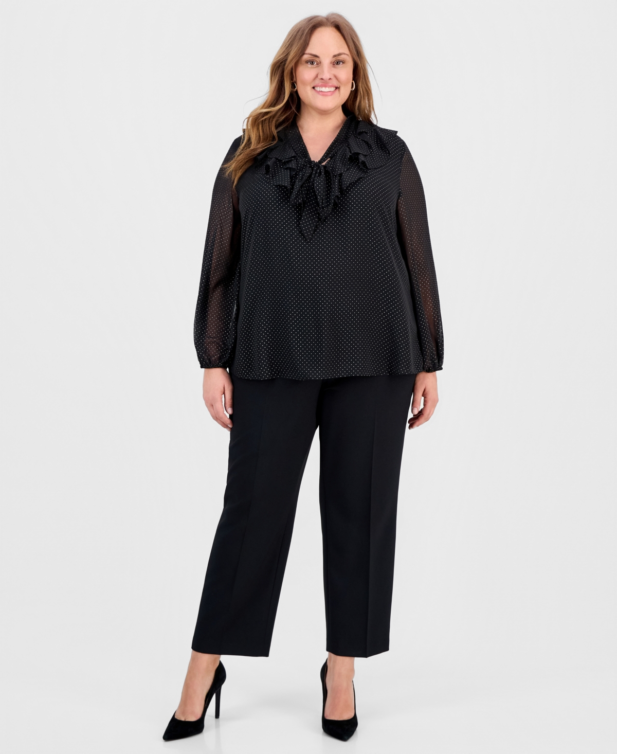 Kasper Plus Size Gold Foil Dot Print Tie-neck Blouse In Black