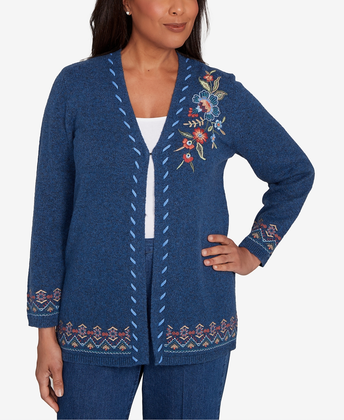 Alfred Dunner Women's Sunset Canyon Embroidered Flower Long Sleeve Cardigan