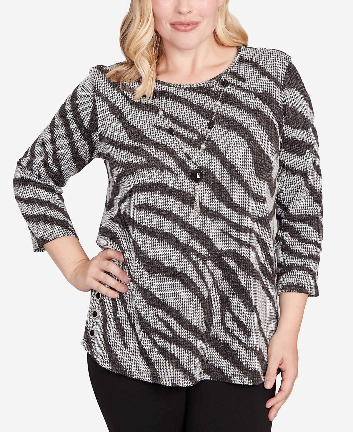 Alfred Dunner Women's Jet Setter Animal Houndstooth Top with Necklace