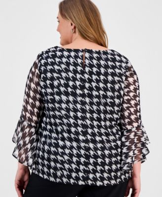 Women's Plus Size Houndstooth Ruffle Sleeve Top