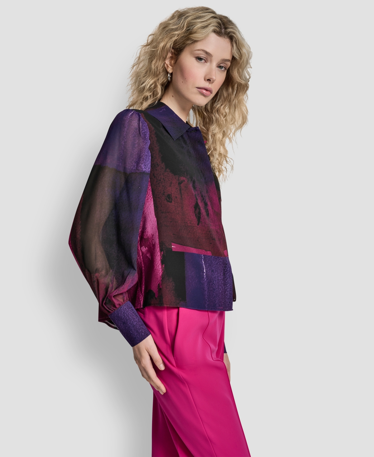 Dkny Women's Balloon Sleeve Collared Neck Top