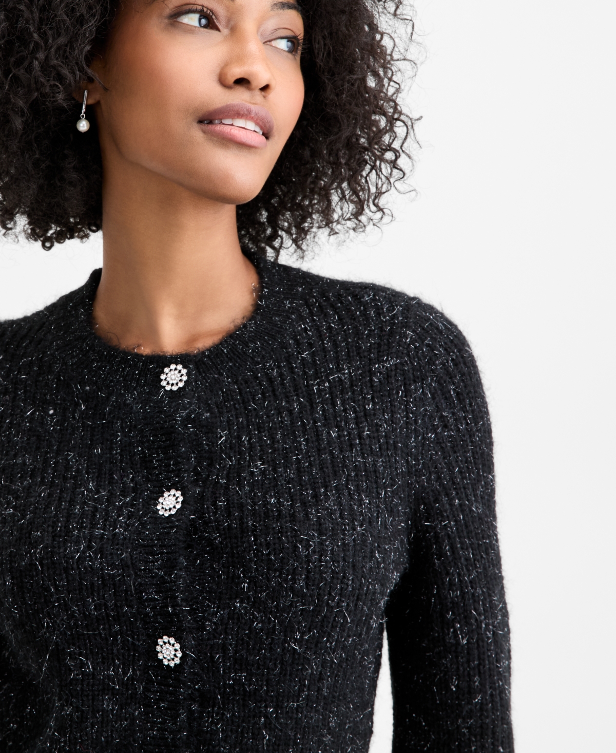 On 34th Women's Metallic-flecked Rhinestone-button Cardigan, Macy's Exclusive In Black