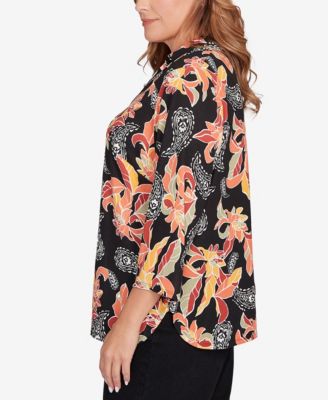 Plus Size Shirt Collar Floral Paisley Button Front Top