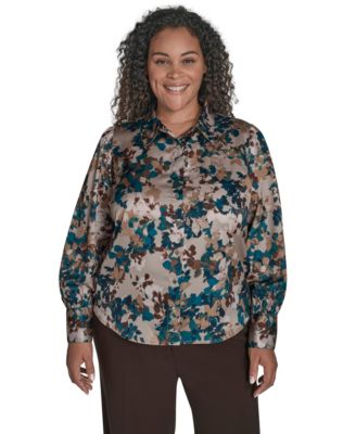 Plus Size Printed Charmeuse Long-Sleeve Blouse