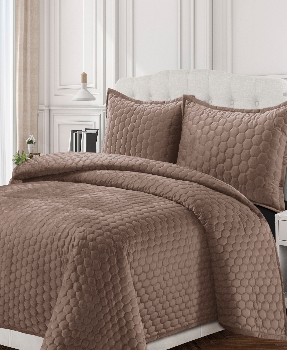 Tribeca Living Lugano Honeycomb Velvet Oversized Solid 3 Piece Quilt Set, Queen In Brown