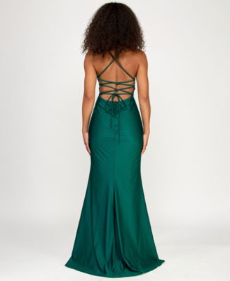 Juniors' Sleeveless Lace-Up-Back Gown with High Slit