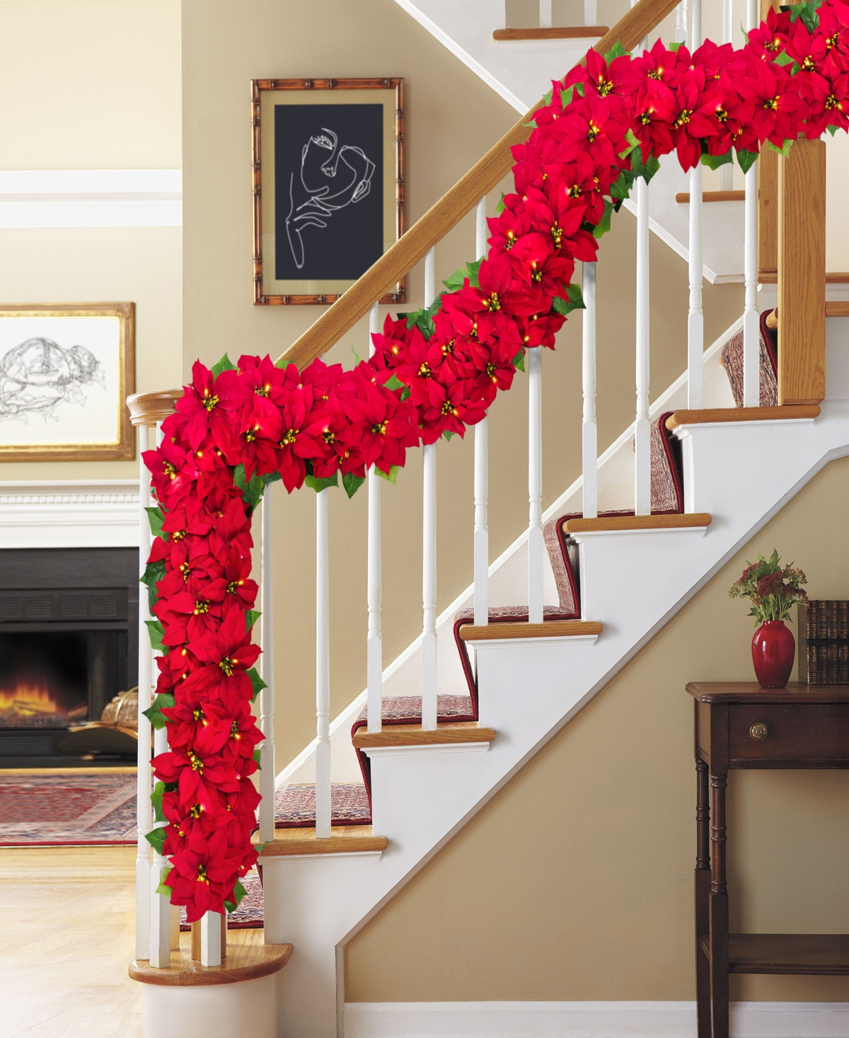 Puleo 12" Pre-lit Artificial Poinsettia Garland In Red