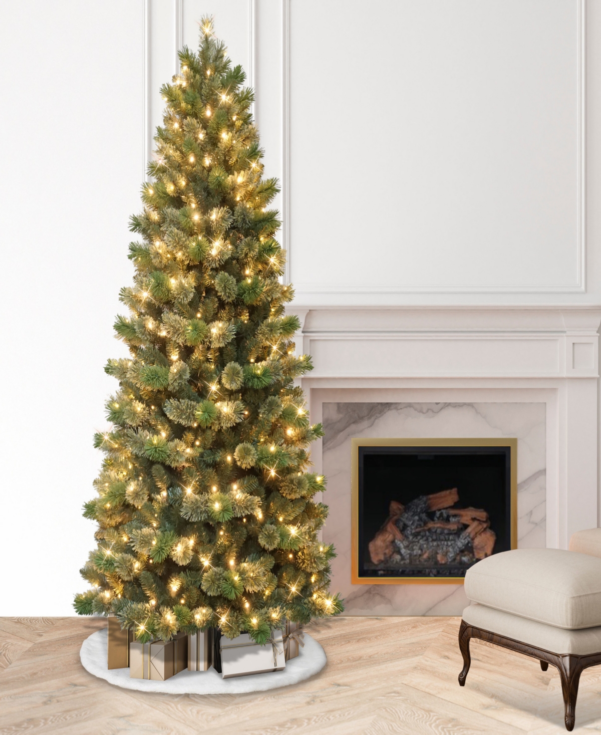 Puleo 7.5' Pre-lit Artificial Slim Oklahoma Pine Tree In Green
