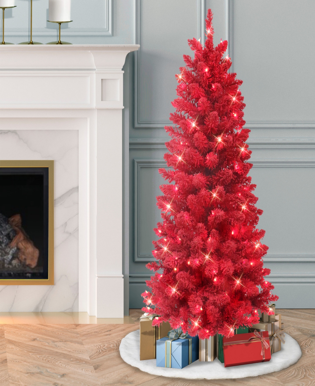 Puleo 4.5' Pre-lit Artificial Flocked Fashion Tree In Red