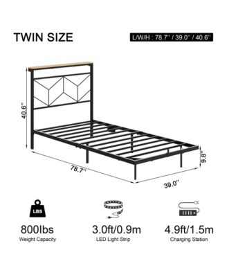 Twin Size Floating Bed Frame with LED Headboard & Charging Station No Box Spring Needed