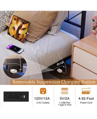 Full Size Floating Bed Frame with LED Headboard & Charging Station No Box Spring Needed