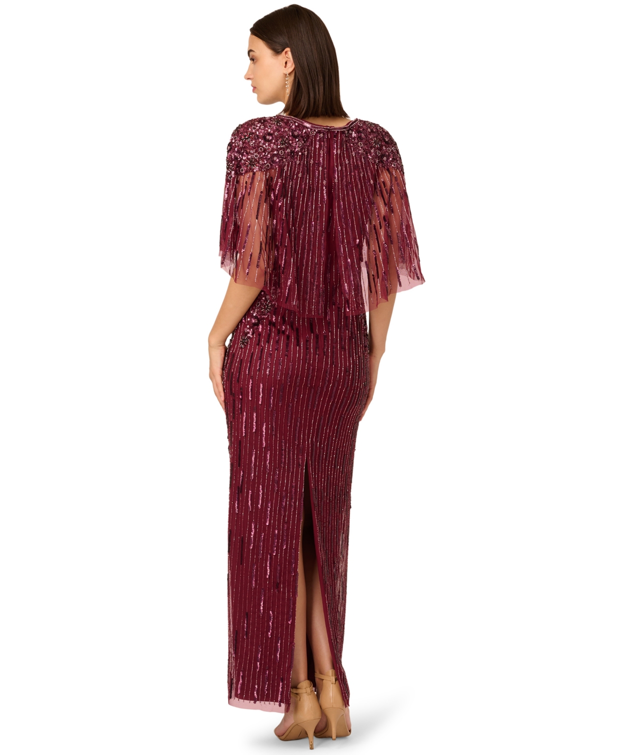 Adrianna Papell Women's Cape Sleeve Beaded Maxi Dress In Burgundy