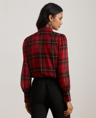 Women's Plaid Tie-Neck Blouse