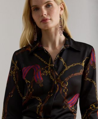 Women's Classic Fit Belting-Print Satin Shirt