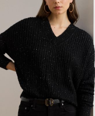 Women's Sequined Rib-Knit V-Neck Sweater