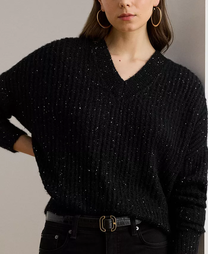 Women's Sequined Rib-Knit V-Neck Sweater - thumbnail 3