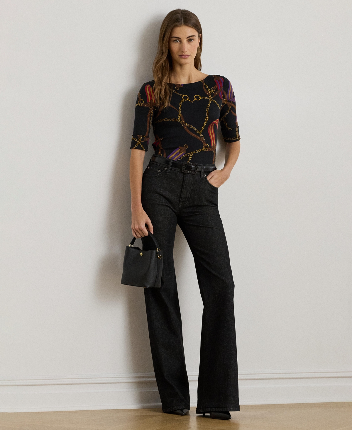 Ralph Lauren Print Stretch Cotton Boatneck Tee In Multi