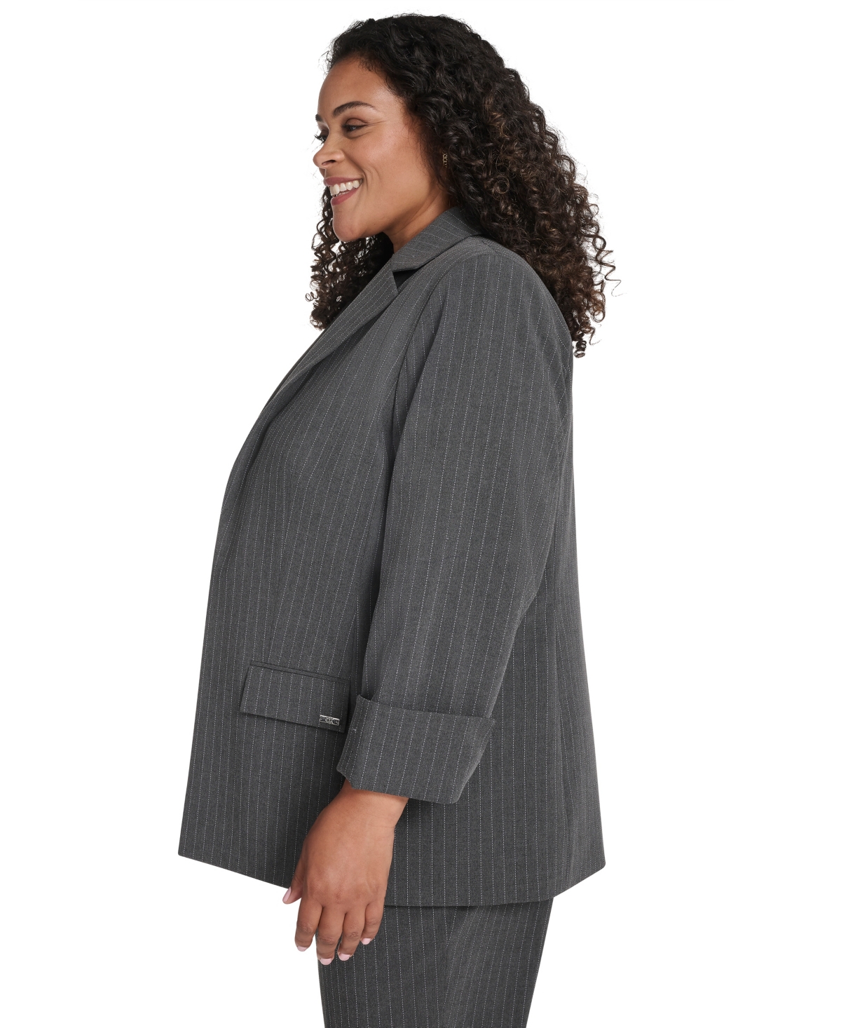 Calvin Klein Plus Size Pinstripe Long Sleeve Blazer In Blue