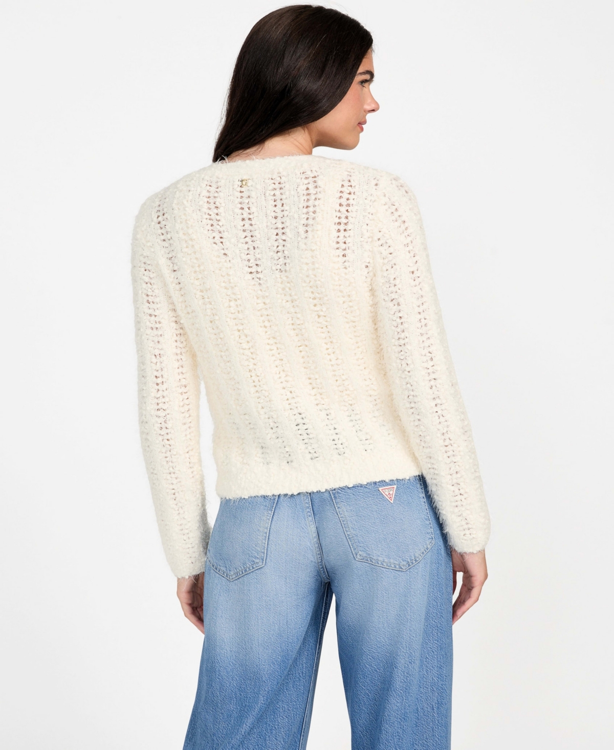 Guess Women's Bea Open Stitch Long Sleeve Cardigan Sweater In White