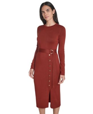 Women's Long Sleeve Belted Midi Dress