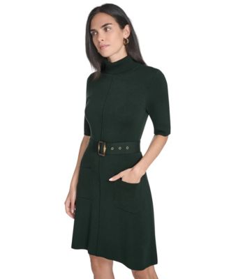 Women's Turtle Neck Elbow Sleeve Belted Dress