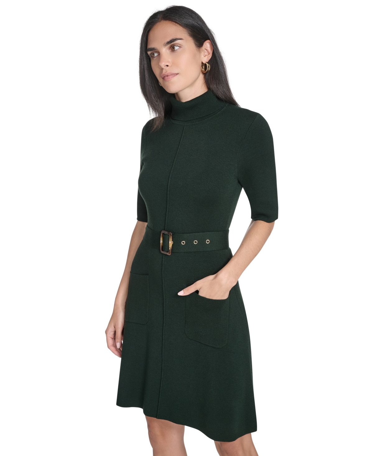 Jessica Howard Women's Turtle Neck Elbow Sleeve Belted Dress In Green