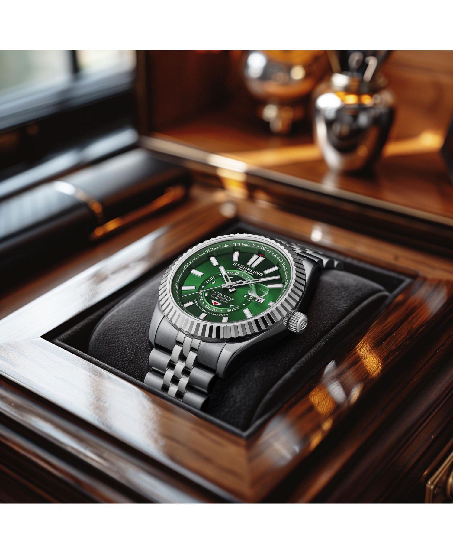 Datemaster II Men’s Swiss Automatic 42mm Stainless Steel Watch, Green Dial, Fluted Bezel, Day & Date, 100M Water Resistant