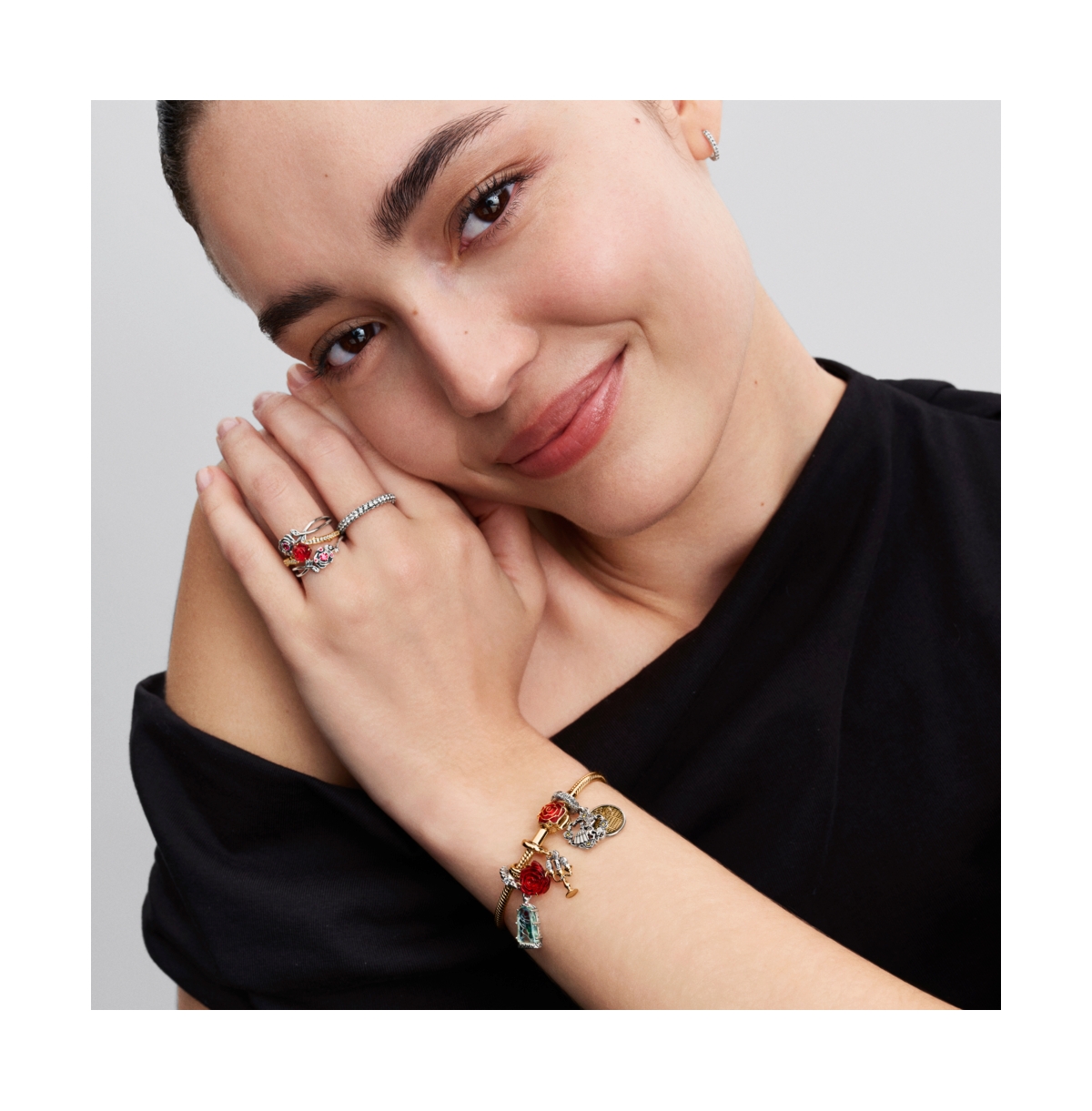 Pandora Disney Beauty And The Beast Enchanted Rose Snake Chain Bracelet In Gold