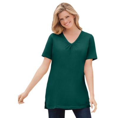 Plus Size Perfect Short-Sleeve Shirred V-Neck Tunic Top