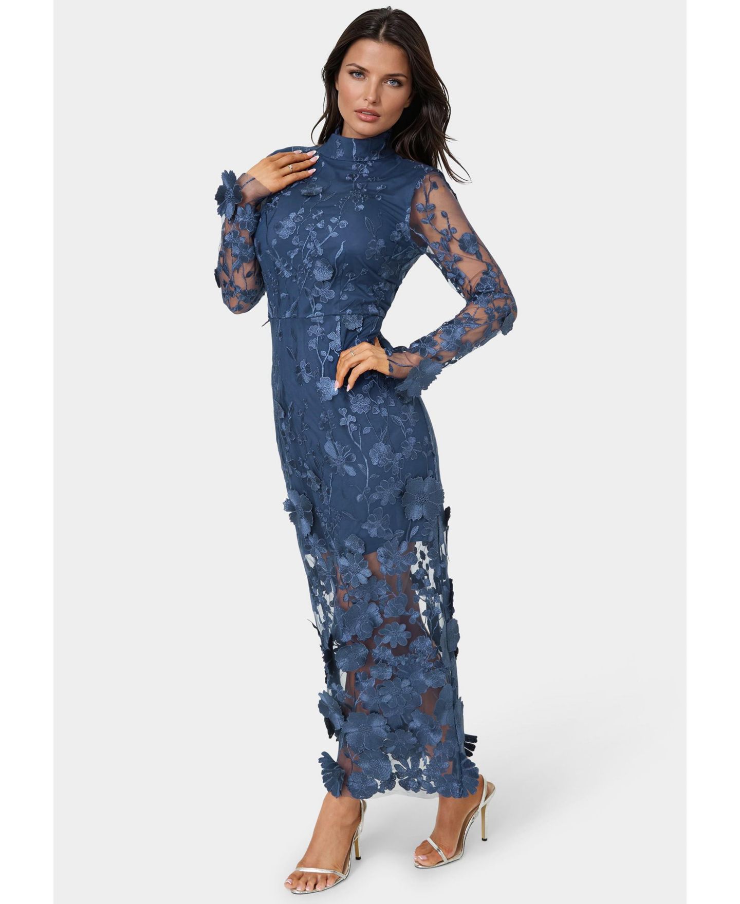 Женское платье Bebe 3D Floral Mock Neck Midi, цвет: Тёмно-синий — фото 3