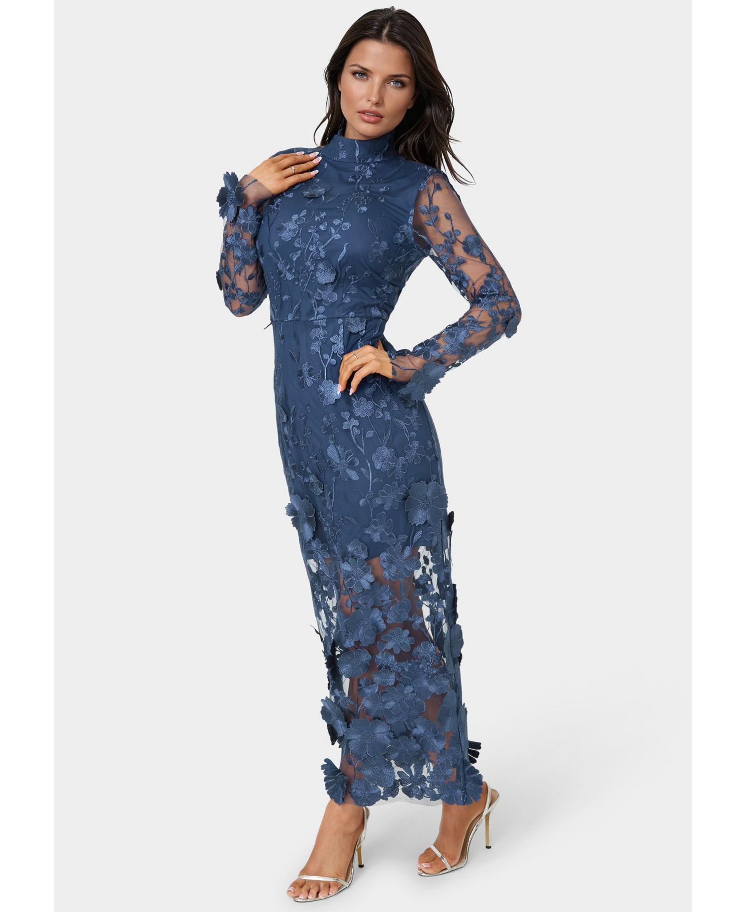 Women's 3D Floral Mock Neck Midi Dress